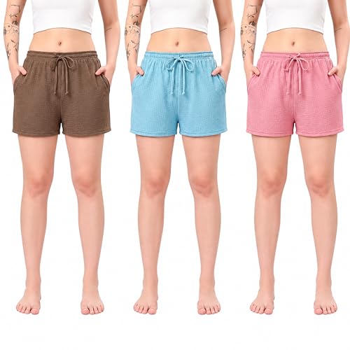 Image of London Hills Shorts for Women Textured Waffle Knit with Pockets for Gym, Sports, Running, Yoga, Cycling, Walk Casual Shorts Or Half Lower, Hot Pant, Half Trouser, Pack of 1, Pack of 2, Pack of 3