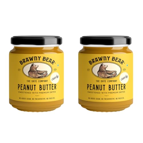 Image of Brawny Bear Peanut Butter Crunchy, Natural Sweetened with Dates, Healthy Nut Butter with No Added Sugar and Preservatives, Vegan, High in Protein Spread, Pack of 2 (500 gm each)