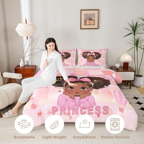 Image of Erosebridal Pink Black Girls Queen Bedding Set Magical African American Comforter Set for Nursery Afro Little Girls Comforter Cute Room Decor Melanin Bedroom Decor (1 Comforter, 2 Pillowcases)