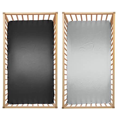 Image of SiinvdaBZX 2 Pcs Satin Mini Crib Sheets 38 x 24In, Light Grey & Black | Silk-Like Soft Mini Portable Crib Sheets Mattress Cover Portable Playard Sheets with 5In Deep Pocket, Great for Baby Hair