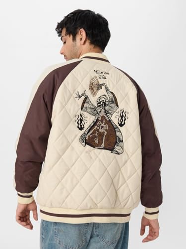 Image of The Souled Store Blaze Of Fury Men and Boys Long Sleeves Band Neck Zipper Front Beige and Brown Printed Polyester Oversized Puffer Jackets