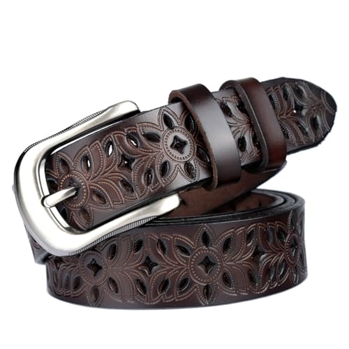 Women Men Western Cowboy Leather Belts Floral Engraved Embossed Genuine Cow-Leather Cowgirl Waist Vintage Alloy Buckle Belt