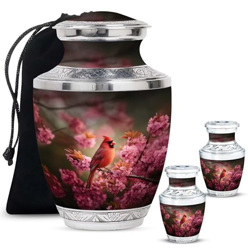 Image of Cardinal Bird Urn Keepsake Burial Urns for Human Ashes 1 Large & 2 Small | Decorative Urns for Female, Small Cremation Urn