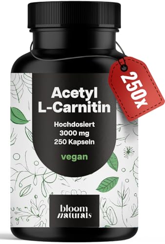 Acetyl-L-Carnitin – 500 mg pro Kapsel – 250 Kapseln – 3000 mg pro Tagesportion – Vegan – produziert in Deutschland - Acetyl L Carnitin Kapseln Hochdosiert - Verpackung kann variieren - Laborgeprüft