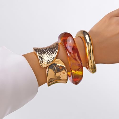 Gmai Chunky Gold Bracelets For Women 3PCS Stackable Non Tarnish Cuff Bangles Hypoallergenic Statement Versatile and Fashion Jewelry Gift4