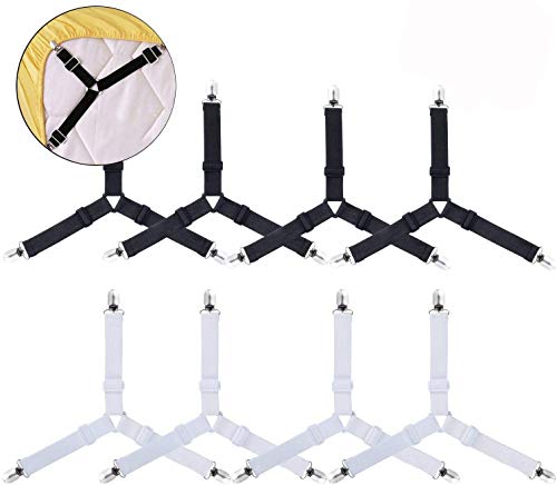AUVSTAR - Sujetadores para sábanas de Cama, 8 Unidades, Ajustables, Triangulares, Resistentes, elásticos, Correas para la sábana Bajera, Soporte de Esquina, para sábanas Color Negro y Blanco