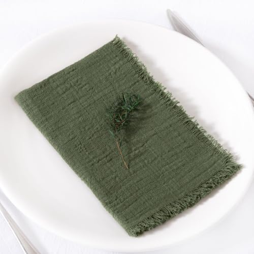 Image of MLMC 10 Pack Olive Green Cloth Napkins with Fringe Boho Linen Napkins Washable Reusable Rustic Dinner Table Decor 17 inchx17 inch for Wedding Party Picnic Gathering Decor