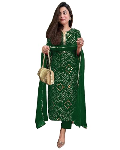 GoSriKi Women's Rayon Blend Straight Bandhej Printed Kurta with P...
