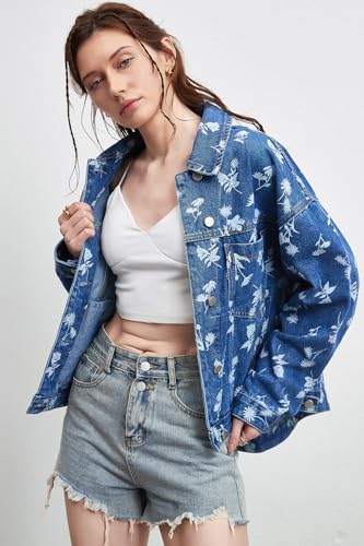 D-Sun Women Casual Printed Denim Jacket Oversized Button Down Long Sleeve Boyfriend Vintage Jean Jacket Coat with Pockets3