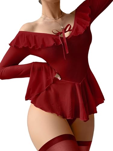 Image of Foxiny Sheer Ruffle Long Sleeve Babydoll Lingerie Dress | Off-shoulder neckline, flared cuffs and a flounce hem add movement; thong and thigh-high stockings complete the 3-piece set