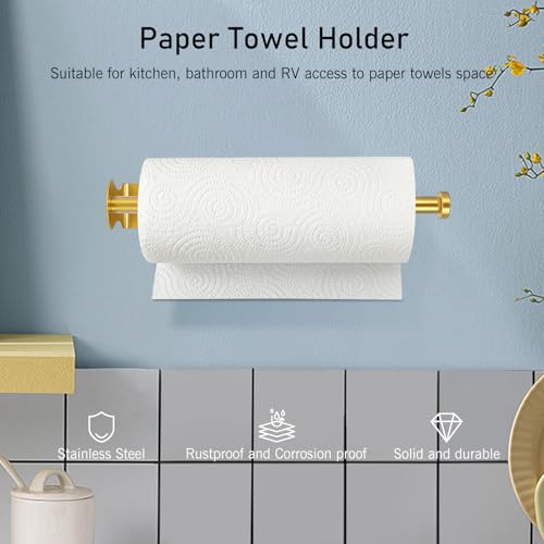 Image of SetSail Paper Towel Holder, Single Hand Operable Paper Towel Holder Under Cabinet with Adjustable Damper Easy Tear Wall Mount Self-Adhesive or Drilled for Kitchen Bathroom, Gold