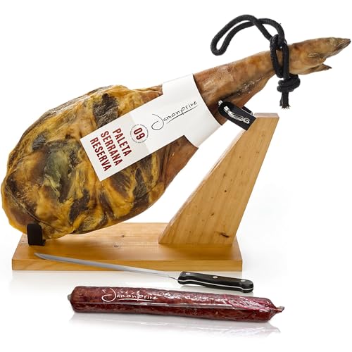 Paleta Jamon Serrano 4.5-5 Kg + Jamonero Kit + Chorizo Iberico – Sabor Suave y Equilibrado – Paletilla de Jamon Ideal para Tapas, Catas y Regalos Gourmet | Jamón Serrano Español Tradicional