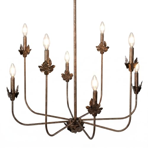 Tribesigns 27-Inch Rustic Chandeliers for Dining Room, 8-Light Vintage Metal Ceiling Light Fixture, Industrial Candle Pendant Light for Living Room, Bedroom, Kitchen Island (Distressed Bronze)