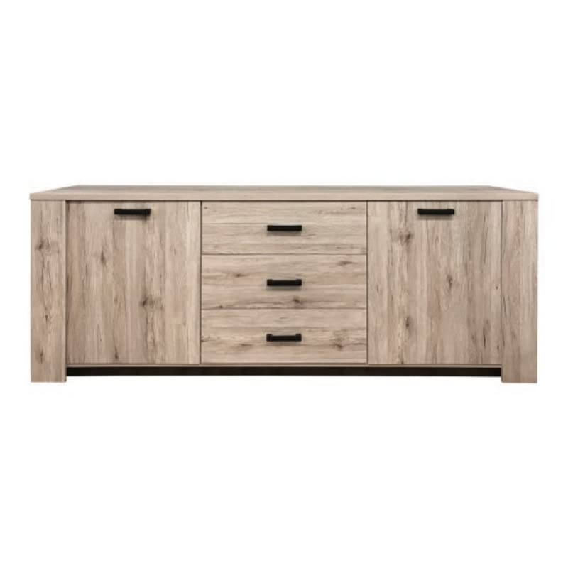 Kreadiff Bahut 3 tiroirs 2 Portes Olivier - Buffet - Salle à manger - Largeur 44,5 cm x Profondeur 220 cm x Hauteur 81,5 cm - Chêne San-Remo