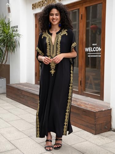 Image of KECVOT Kaftan Dresses for Women Embroidered Short Sleeve V-Neck Plus Size Caftan Bikini Swimsuit Cover-Up Long Beach Dress