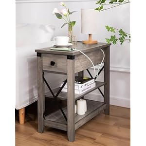 Narrow End Table with Charging Station - Farmhouse Slim Side Table Set of 2, w/USB Ports Power Outlets, Nightstand w/Flip Top Storage Drawer, for Small Spaces Living Room Bedroom, Gray Narrow End Table with Charging Station Farmhouse Slim Side Table Set of 2 wUSB Ports Power Outlets Nightstand wFlip Top Storage Drawer for Small Spaces Living Room Bedroom Gray
