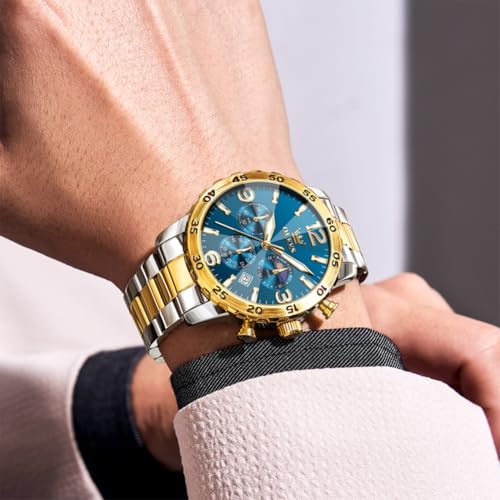 Image of OLEVS Men's Watch Luxury Sun-noon Phase Waterproof Dress Chronograph Analog Quartz Stainless Steel Multifunction Fashion Watch with Date, Big Dial 44mm, Luminous Hands Scales