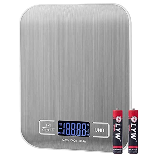 MCIGICM Digital Food Scale, 11lb Kitchen Scale Measures in Grams, Ounces and ML for Baking Cooking, Batteries Included