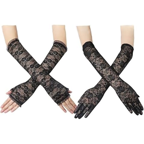 Faccubee 2 Pair Women Lady Girl Goth Punk Vintage Elegant Long Lace Floral Opera Dance Wedding Bridal Gloves Elbow Length Fingerless Party Costume Accessories Halloween Cosplay Masquerade Black Cover