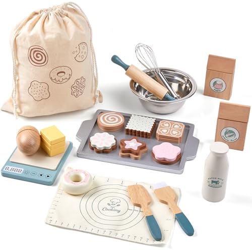 Holz Spielnahrung Sets für Kinder Kleinkinder Spielzeug Essen Pretend Play Küchenzubehör mit Einkaufstasche Schneiden Lebensmittel Spielzeug Geschenk für Jungen und Mädchen 3 4 5 6