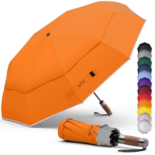 Royal Walk Regenschirm Taschenschirm Sturmfest Automatik Auf und Zu Winddichter Doppelverdeck Klein Stabil Schirm Reflektierend mit Luxuriösem Echtholzgriff für Damen und Herren Umbrella (Orange)