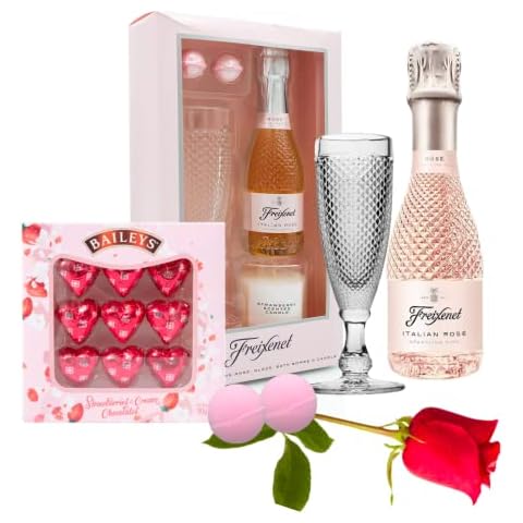 Mothers day gifts - Prosecco gifts for women - valentines day gifts for her includes freixenet Rose & glasses, baileys love heart sweet chocolate gifts rose lush bath bomb & candle gift for women Cover