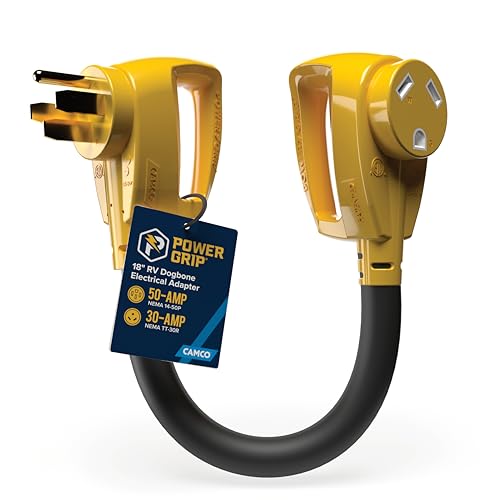 Camco PowerGrip Dogbone RV Electrical Adapter - Features Heavy-Duty 50-Amp Male and 30-Amp Female Connections - Crafted of 100% Copper 10/3-Gauge Wires & Rated for 125V/3750W (55175)