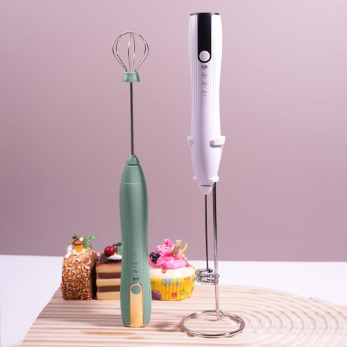 Image of Rechargeable Milk Frother Handheld with Stand, Coffee Foam Frother Wand, Detachable Stainless Steel Whisk Drink Mixer for Coffee, Cappuccino, Lattes, Frappe, Matcha,Egg and Hot Chocolate, White