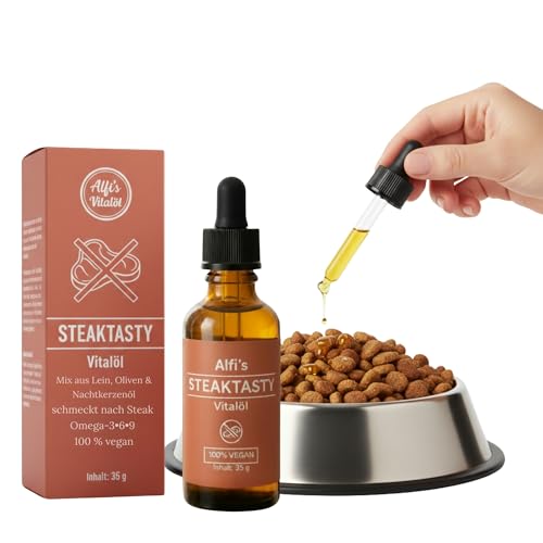 Alfi's Vitalöl Appetitanreger für Hunde & Katzen Steak Aroma – Geschmacksöl zur Unterstützung der Futterakzeptanz – mit Omega 3-6-9 aus Leinöl, Olivenöl & Nachtkerzenöl – 140 Portionen
