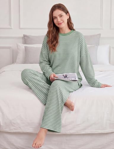 Image of MISSACTIVER Women's 2 Piece Striped Lounge Set Long Sleeve Oversized T-Shirt Wide Leg Pants Matching Pajamas Set