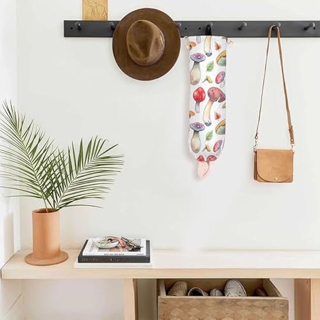 xigua Watercolor Mushrooms Plastic Bag Holder Wall Mount with Drawstring 2 Pack, Reusable Grocery Bag Organizer Decor for Bags, Socks, Underwear, And Neckties