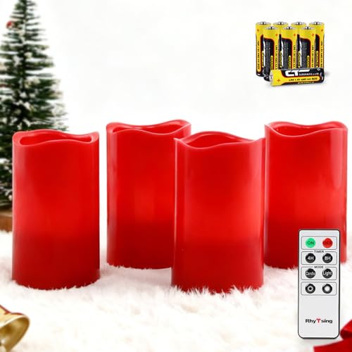 Weihnachtsdeko mit Kerzen 24 Rhytsing 4er roten Echtwachs-Adventskerzen mit Timerfunktion,...