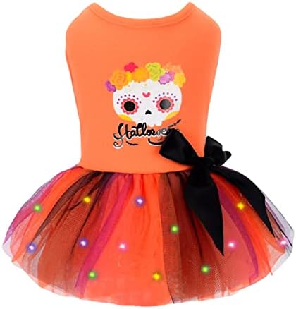 Yikeyo Dog Halloween Dress Tutu, Skull Small Dog Halloween Costumes Outfit, Fall Winter Pet Dog Dresses Clothes for Small Dogs Girl Puppy Chiuahaha Yorkie Teacup, Cat Apparel,XS,Orange