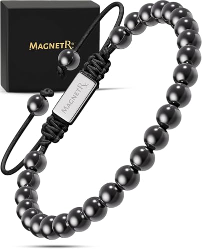 MagnetRX® Bracelet Magnétique En Hématite Perlé Unisexe - Bijou Aimanté En Pierres Naturelles Hematite 6mm Méditation - Longueur Réglable (Perle...