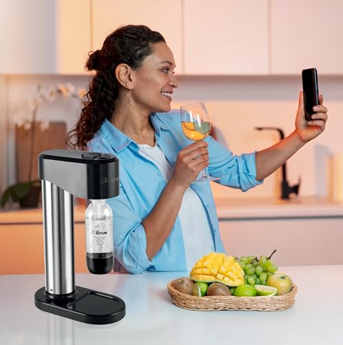 Image of Mr. Butler Instafizz Sodamaker - Jumbo Pack with 2 cylinders and 4 PET Bottles, Create Sparkling Water In Home Kitchen, Compact, Space Saving Design, Soda Beverage Carbonator, Silver & Black