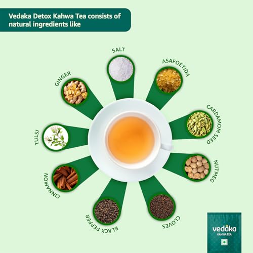 Image of Vedaka Detox Khawa Tea 36 Teabags | Contains Salt, Ginger, Tulsi, Cinnamon, Black Pepper, Cloves, Nutmeg, Asafoetida & Cardamom Seed | 2.5G Each, 90G