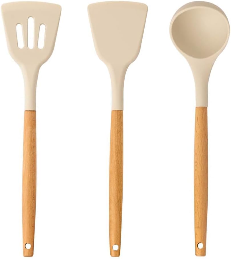 Silicone Spatula Set of 3 for Kitchen Ideal for Non-Stick Cooking Pans Spatulas with Wooden Handle Spatula Turner Serving Cooking Spoon Spatula Combs for Omelet Egg Dosa chapati (Cream, 3)