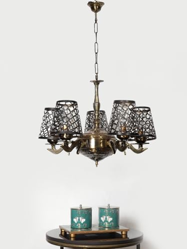 Image of Devansh 05 Lights Metal Etched Shade with Antique Golden Chandelier -Y