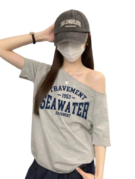 sxv style Vintage American Distressed Letter Seawater Print Asymmetric Shoulder T-Shirt-picture-53