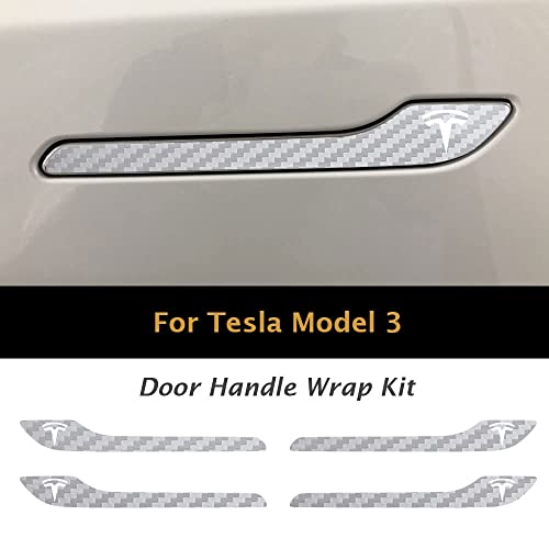 Image of IPG Compatible for Model 3 / Model Y /Juniper Door Handle Decal Sticker Wrap Kit (Set of 4) with Tesla Logo Personalize Your Tesla (Silver Carbon Fiber)