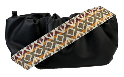 Image of Cream Brown Orange Boho Diamond Purse Strap with Matte Black Hardware 2 Inch Wide Replacement Crossbody Guitar Style Shoulder Strap for Handbags Totes