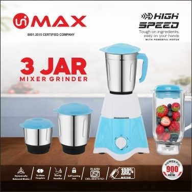 MAX 900W High Speed Mixer Grinder | 3 Stainless Steel Jars | Powerful Kitchen Blender for Grinding, Mixing & Juicing | Durable Motor with Overload Protection (BLUE)-image-29