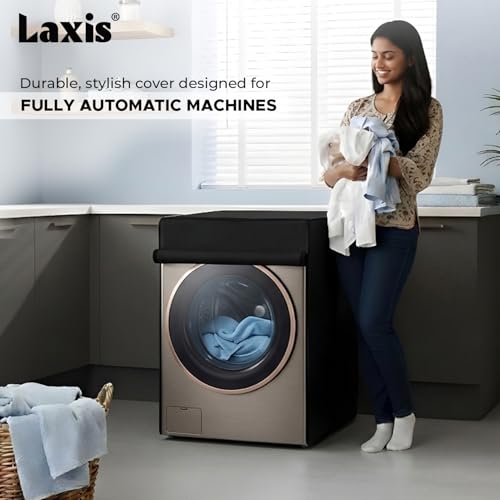 Image of LAXIS Front Load Washing Machine Cover Front Load for 8 Kg, 8.5 Kg, 9 Kg, 9.5 Kg, 10 Kg | Waterproof & Dustproof Polyester Fabric Cover with Zipper (63X63X93 cm- Black)