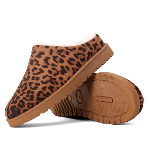 Image of Warm Winter Slip-On Slippers for Women – Faux Fur Lined Mule House Shoes with Memory Foam Insole & Non-Slip Sole (LEOPARD, One Size, Adult, Women, 6, Numeric, UK Footwear Size System, Medium)