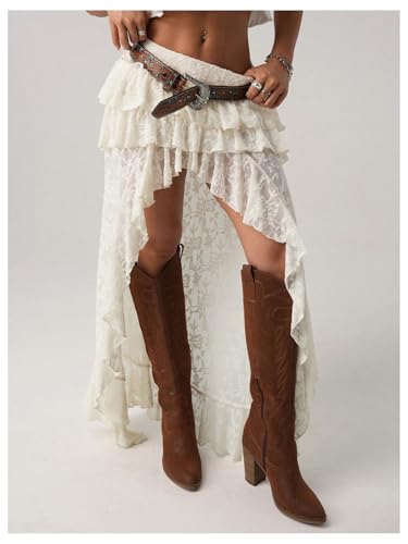 SHENHE Women's High Low Lace Skirt Low Rise Layered Ruffle Western Boho Hippie Fairy Long Skirt3