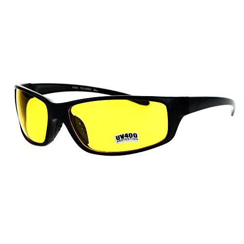 Mens Driving Yellow Driving Lens Warp Around Sport Biker Sunglasses Black