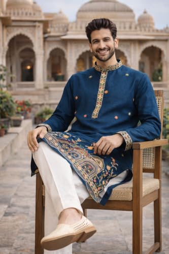 Buy Amazon Brand - Tavasya Men’s Blue Ethnic Floral Embroidered Border Kurta (HOPMK498_M) at Amazon.in - Image 5
