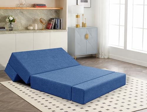 Image of Los Angeles Foldable One Seater Sofa Cum Bed, Sofa Bed 3 X 6 Feet Jute Fabric Washable Cover- Including Cushion Perfect for Living Room - Blue Color
