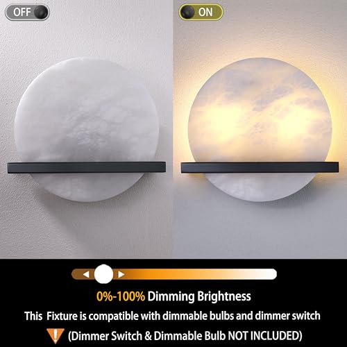 Image of 2 Pack 2 Light 10 inch Round Natural Alabaster Bathroom Wall Sconce Modern Concise Style Wall Light Fixture,Black Finish for Bedroom Hallway Bedside Living Room