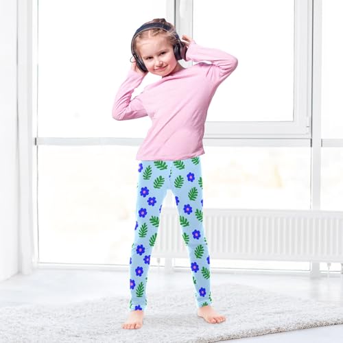 Girls' Athletic Leggings Ankle Length Yoga Dance Pants Kids Teen 4T Blue Flowers4